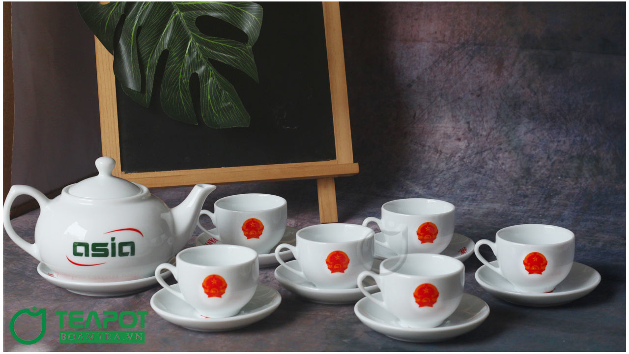 Bộ ấm trà bầu thấp in Quốc Huy - Văn Phòng Chính Phủ