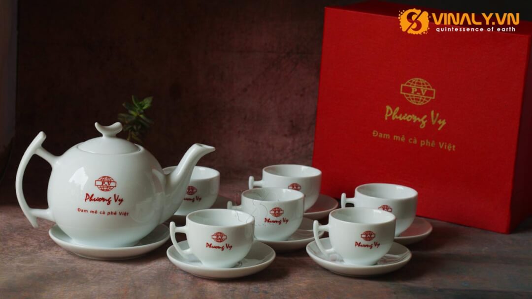 Bộ ấm trà cành in logo Phương Vy